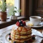 A realistic scene of homemade pancake stack with syrup, berries, and powdered sugar on a cozy kitchen table, ideal for showcasing a delicious breakfast in a homely setting.