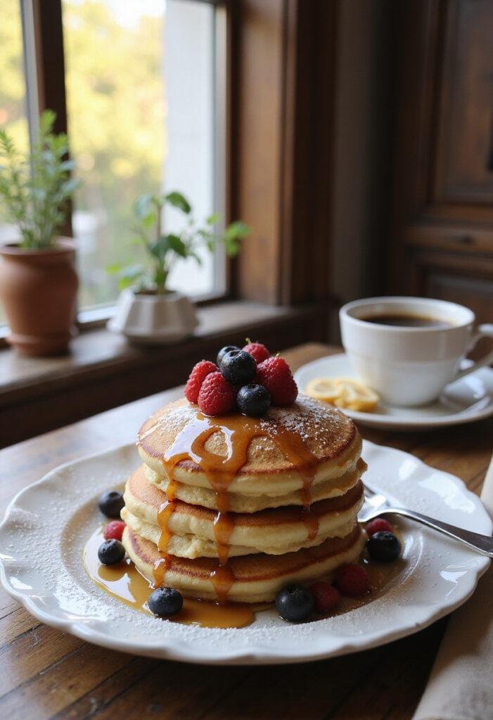 A realistic scene of homemade pancake stack with syrup, berries, and powdered sugar on a cozy kitchen table, ideal for showcasing a delicious breakfast in a homely setting.