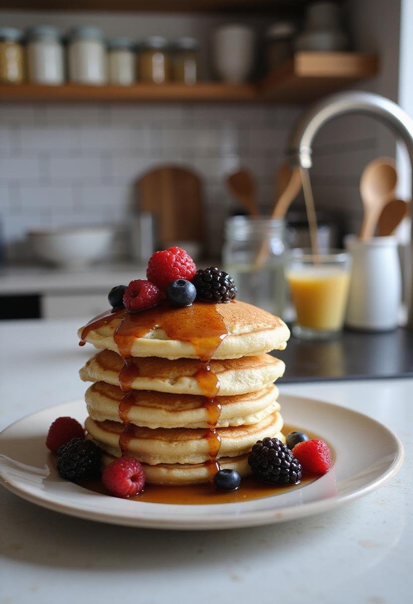 A realistic image of homemade pancakes with syrup and berries on a plate in a kitchen setting, highlighting a cozy and appetizing breakfast presentation.