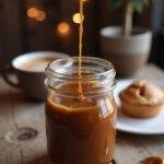 A realistic image of a jar of brown sugar caramel sauce on a cozy wooden table with warm indoor lighting, complemented by a cup of coffee and a small plate with a spoon, highlighting the glossy texture of the caramel.