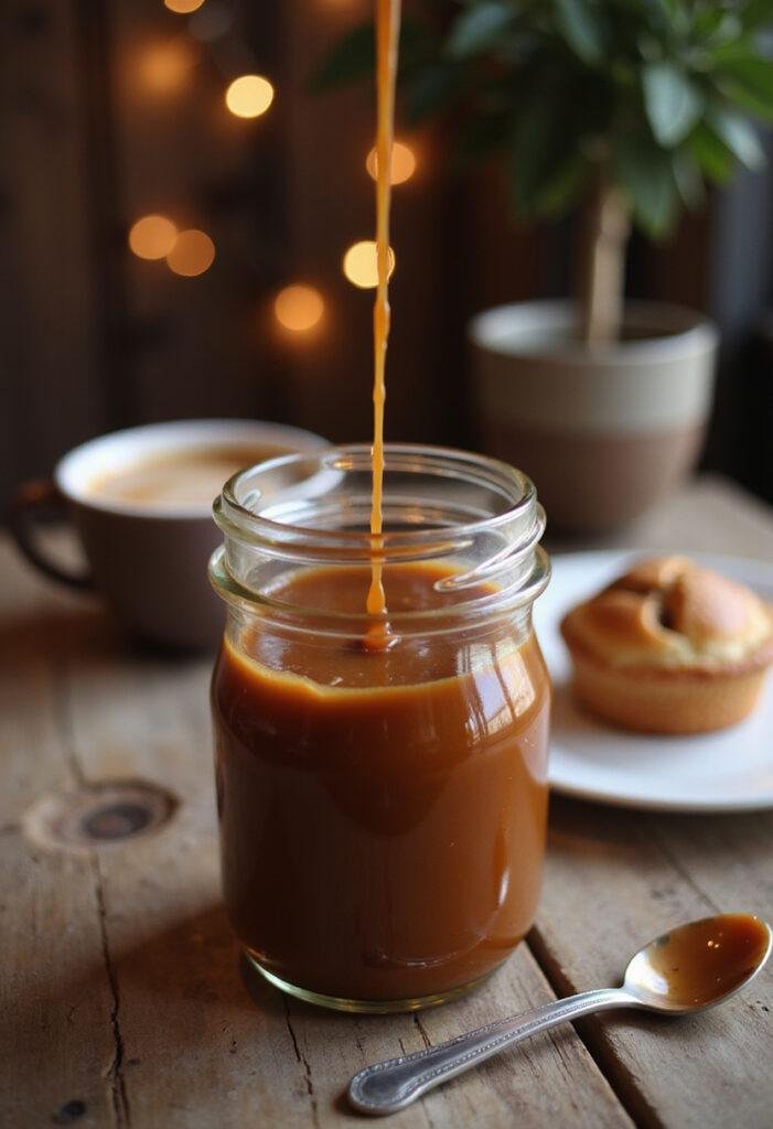 A realistic image of a jar of brown sugar caramel sauce on a cozy wooden table with warm indoor lighting, complemented by a cup of coffee and a small plate with a spoon, highlighting the glossy texture of the caramel.