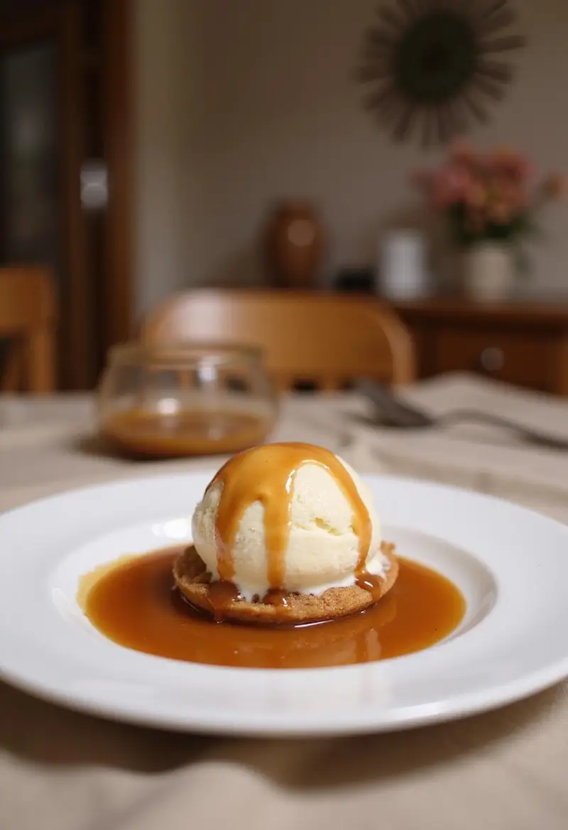 A realistic scene of a scoop of vanilla ice cream topped with brown sugar caramel sauce on a white plate, placed on a cozy kitchen table inside a warm, inviting home setting.