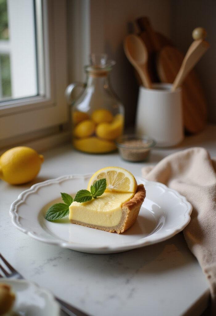 Baby Lemon Impossible Pie served on a white plate with lemon garnish in a cozy kitchen setting, highlighting the homemade and inviting atmosphere with warm lighting and kitchen details.