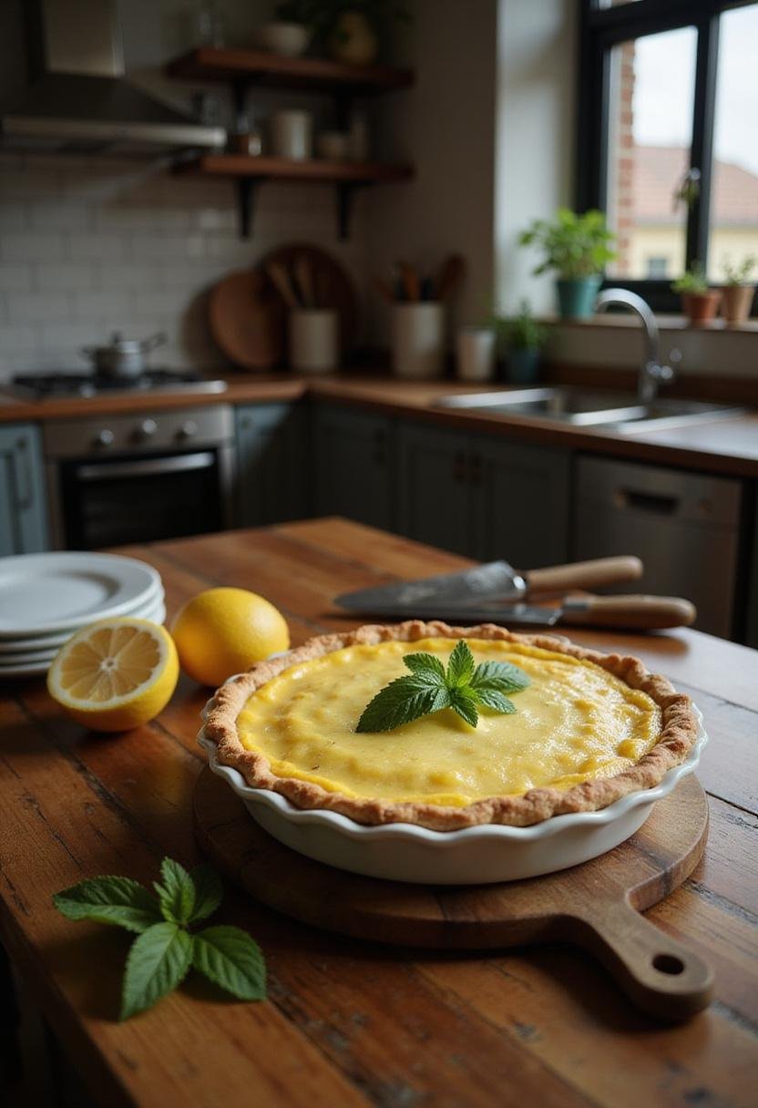 Baby Lemon Impossible Pie displayed on a wooden table in a cozy home kitchen, with lemon garnish and fresh mint, surrounded by utensils and warm lighting, emphasizing a welcoming and comfortable environment.