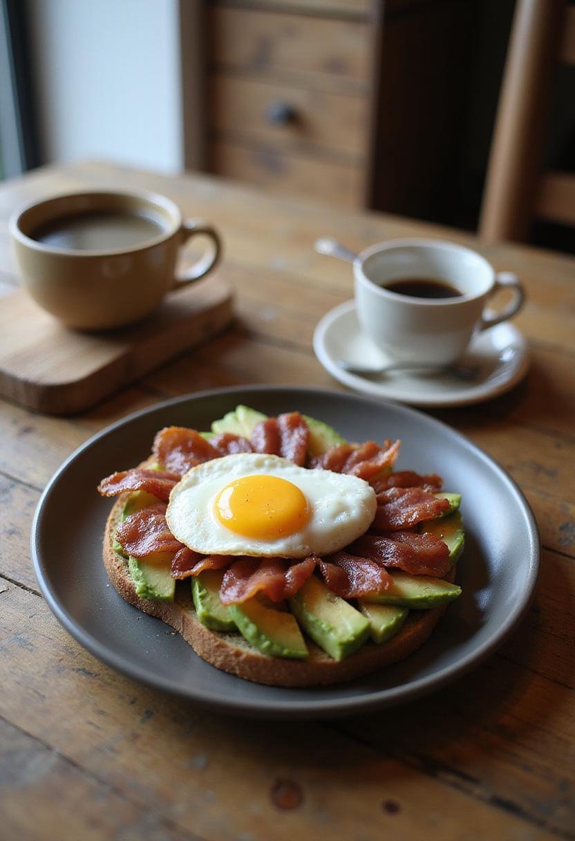 A cozy home scene with a plate of bacon, egg, and avocado toast on a wooden table, topped with avocado slices and crispy bacon, served with a side of coffee, showcasing a delicious breakfast.