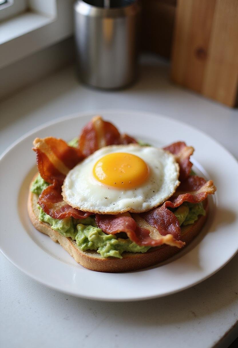 A kitchen setting with a plate of bacon, egg, and avocado toast featuring sliced avocado and crispy bacon on a clean countertop, complemented by kitchen tools and a cutting board, illustrating a freshly prepared breakfast.