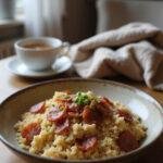A plate of bacon fried rice served in a cozy home setting, featuring crispy bacon slices atop seasoned rice, garnished with green onions, presented in a rustic bowl on a wooden table with warm lighting.