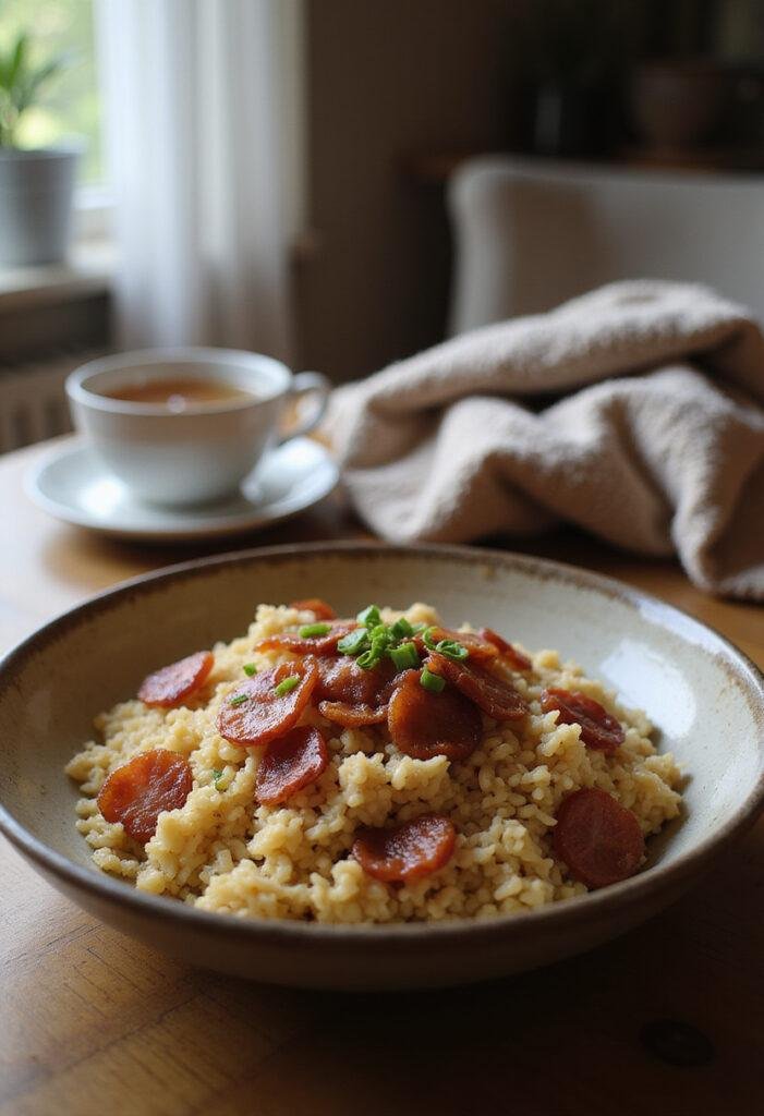 A plate of bacon fried rice served in a cozy home setting, featuring crispy bacon slices atop seasoned rice, garnished with green onions, presented in a rustic bowl on a wooden table with warm lighting.
