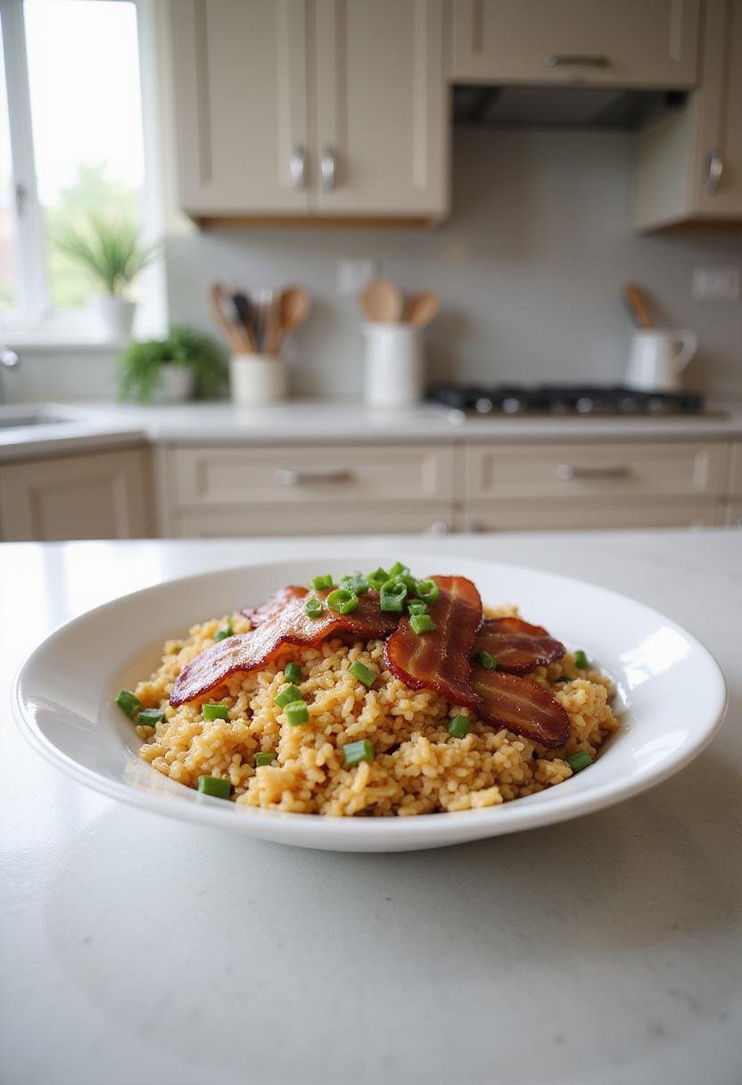 A plate of bacon fried rice on a kitchen countertop, featuring crispy bacon, green onions, and seasoned rice in a white dish, with kitchen cabinets and utensils in the background.