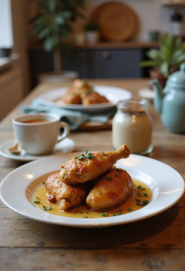 A plate of baked crunchy hot honey chicken garnished with herbs on a wooden table in a cozy home setting, showcasing the crispy texture and sweet spicy glaze of the dish.