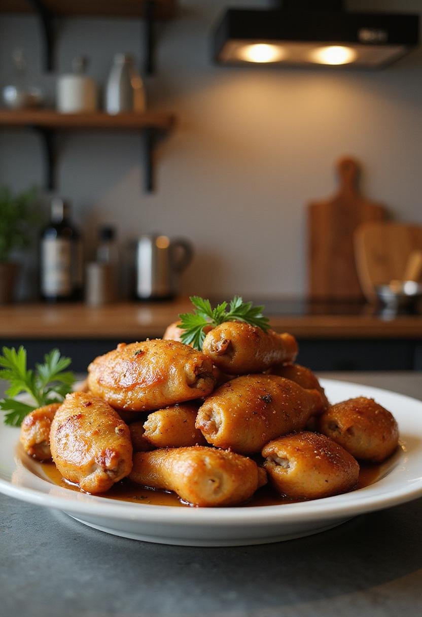 A ceramic plate of baked crunchy hot honey chicken in a kitchen scene, emphasizing the crispy texture and sweet-spicy glaze, with kitchen elements in the background.
