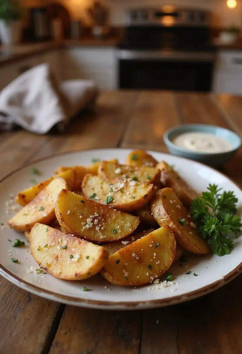 Baked garlic Parmesan potato wedges served on a plate within a cozy home kitchen, showcasing crispy, seasoned potato pieces with Parmesan cheese and herbs, perfect as a snack or side dish.