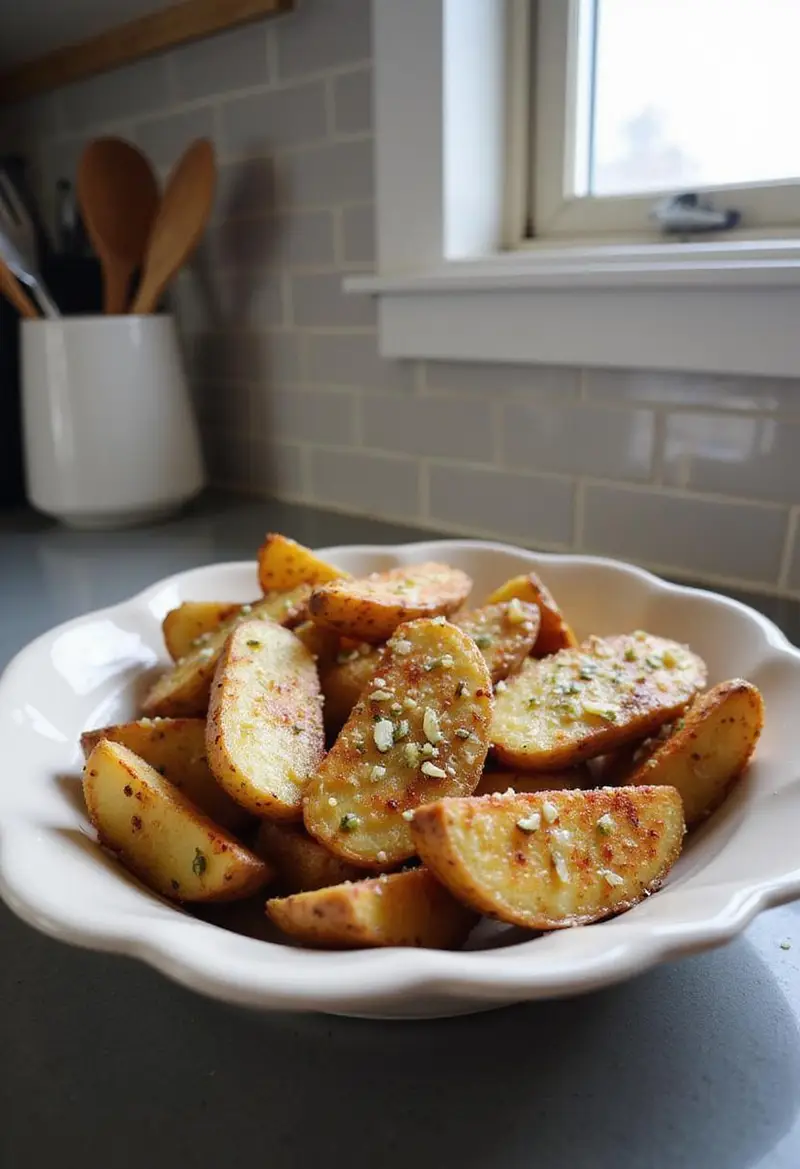 Baked garlic Parmesan potato wedges on a plate in a kitchen setting, highlighting golden crispy edges and seasoning, with a cozy kitchen background including utensils and tiles.