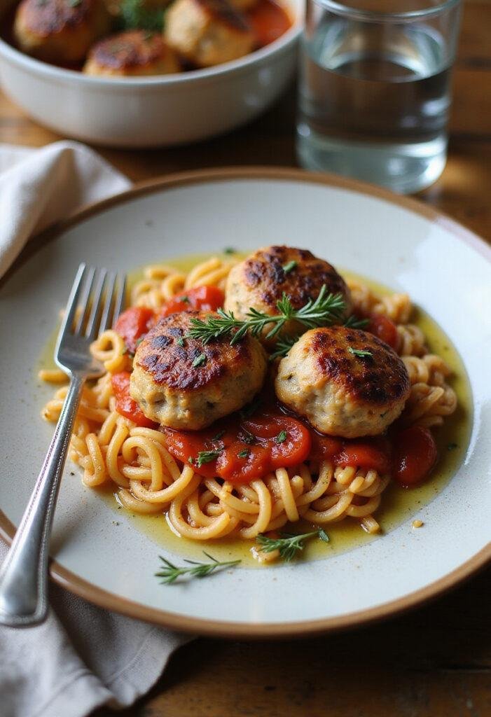 Baked rosemary chicken meatballs with tomato orzo served on a rustic plate, garnished with rosemary, in a cozy home setting with wooden table and soft lighting.