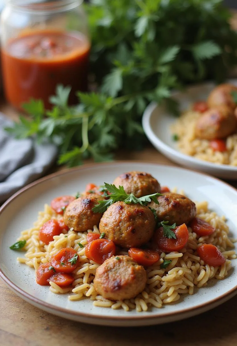 Baked rosemary chicken meatballs with tomato orzo plated on a ceramic dish in a kitchen setting, with herbs and tomato sauce visible, highlighting a homemade, wholesome meal.