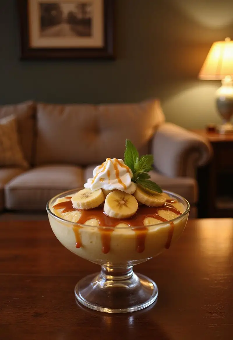 A cozy home setting with Banana's Foster Banana Pudding in a glass bowl, topped with caramel sauce and banana slices, on a wooden table in a warm-lit living room.