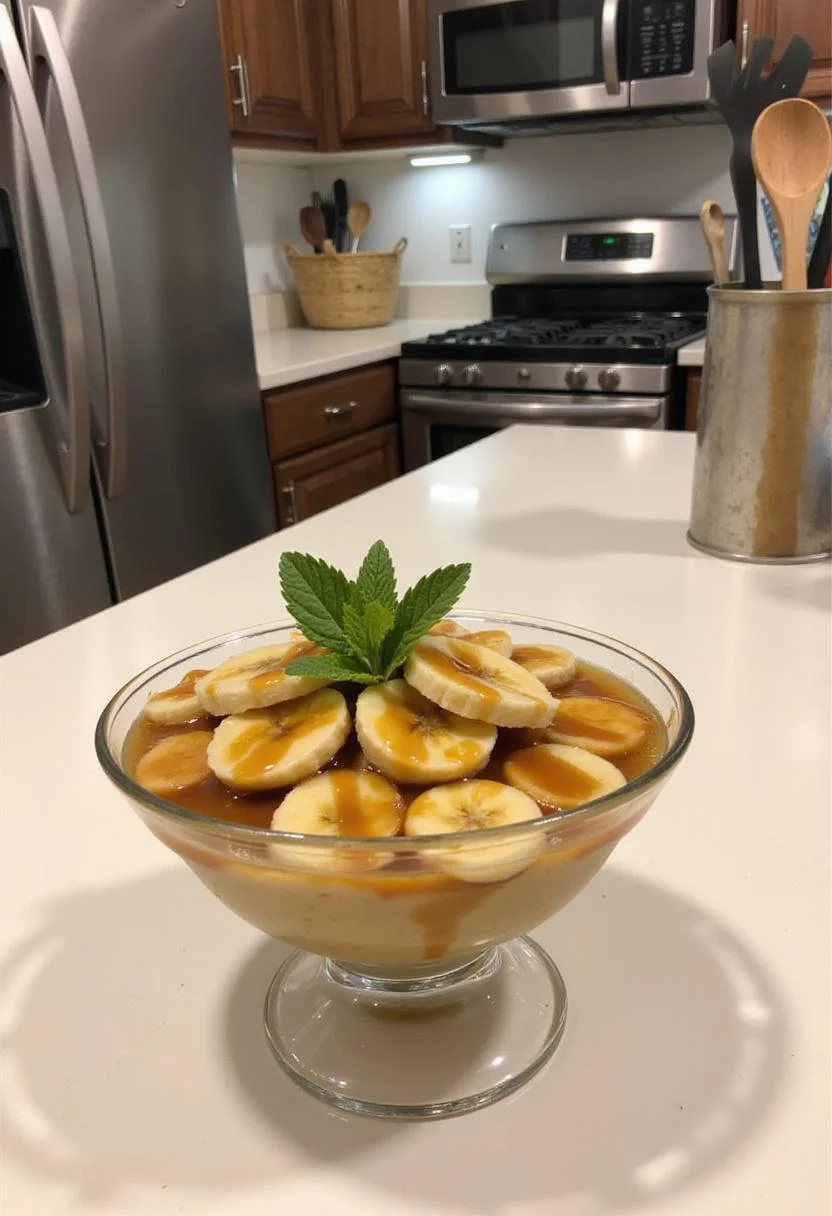 A kitchen setting with Banana's Foster Banana Pudding in a glass dish topped with caramel and bananas, displayed on a countertop with kitchen appliances and utensils in the background.