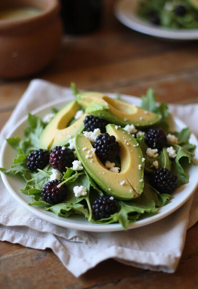 A close-up of a Blackberry, Avocado and Arugula Salad on a white plate, showing fresh arugula, sliced avocado, and blackberries, in a cozy kitchen setting with warm lighting and wooden table background.