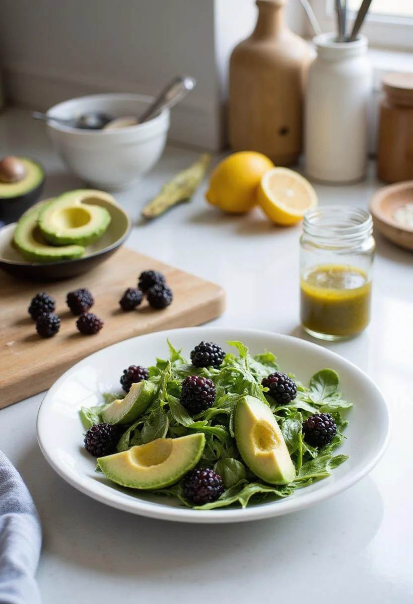 A detailed shot of a Blackberry, Avocado and Arugula Salad on a kitchen countertop, displaying sliced avocado, blackberries, and arugula leaves, with a kitchen setting in the background.