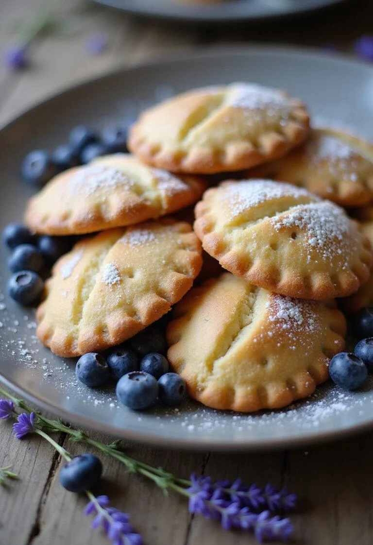 Plate of homemade blueberry lavender vegan madeleines on a wooden table, garnished with blueberries and lavender sprigs, in a cozy home setting. The scene emphasizes the aromatic and fresh qualities of the baked treats.