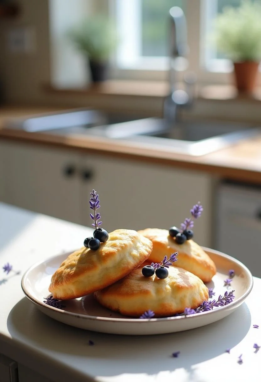 Homemade blueberry lavender vegan madeleines on a ceramic plate in a cozy kitchen setting, showcasing the baked treats garnished with blueberries and lavender in natural daylight.