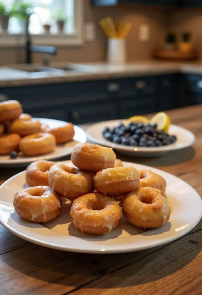 Realistic image of blueberry lemon curd donut holes on a plate in a cozy home kitchen, surrounded by fresh blueberries and lemon slices, with warm ambient lighting creating an inviting atmosphere.