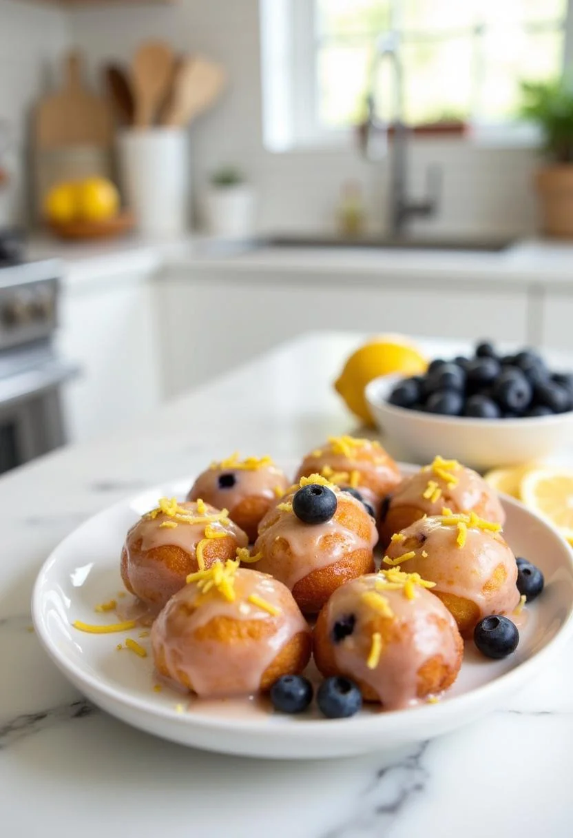 Realistic image of blueberry lemon curd donut holes on a plate in a bright kitchen setting, with fresh blueberries and lemon for decoration, showcasing a fresh and inviting presentation.