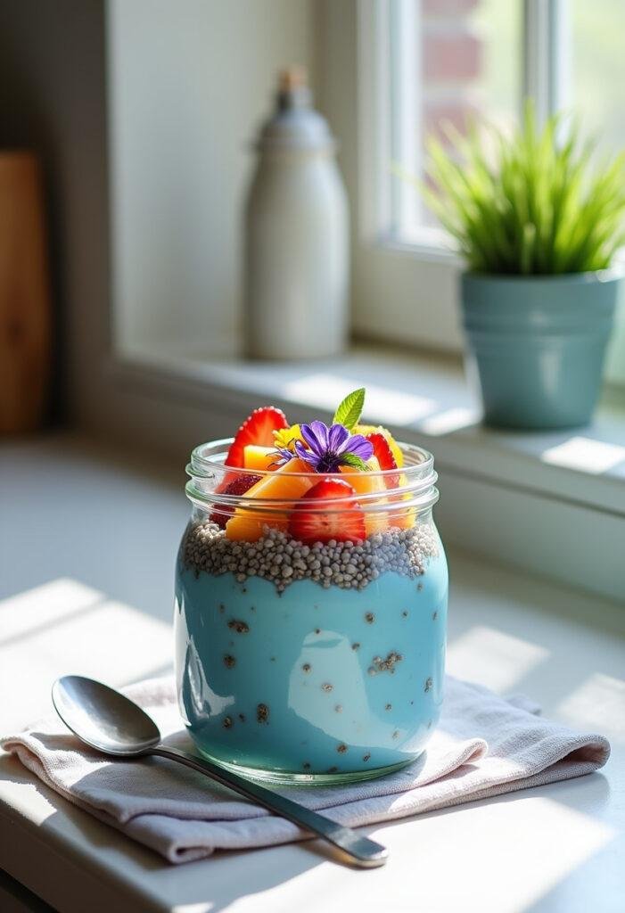 A colorful Butterfly Pea Chia Pudding Parfait in a glass jar, layered with blue chia pudding, fresh fruits, and edible flowers, styled on a cozy home kitchen counter with natural light.