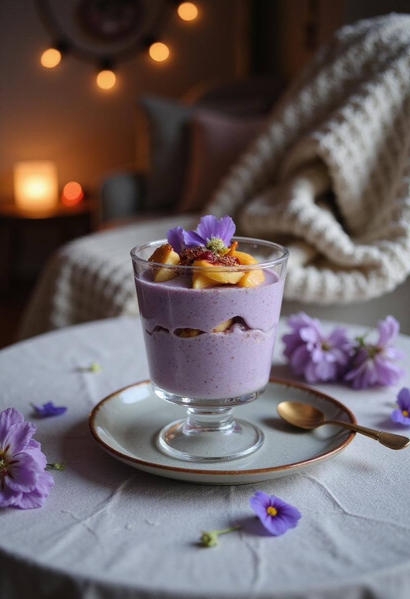 A beautifully layered Butterfly Pea Chia Pudding Parfait in a glass jar on a plate within a cozy home environment, featuring soft lighting and home decor elements, with fresh fruit and flowers on top.