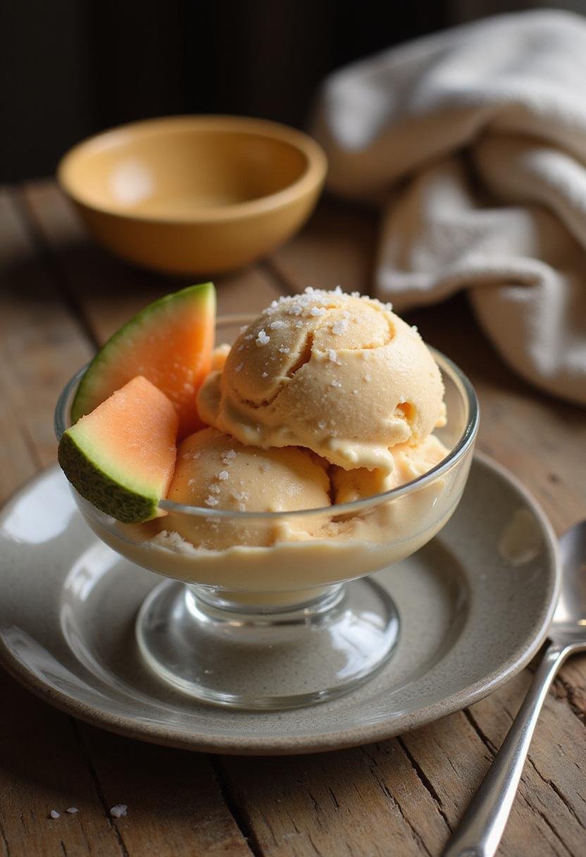 A cozy setting with a bowl of Cantaloupe Sea Salt Ice Cream on a wooden table, topped with cantaloupe slices and sea salt, presented in a glass bowl with a spoon nearby, evoking a warm, homely feel.