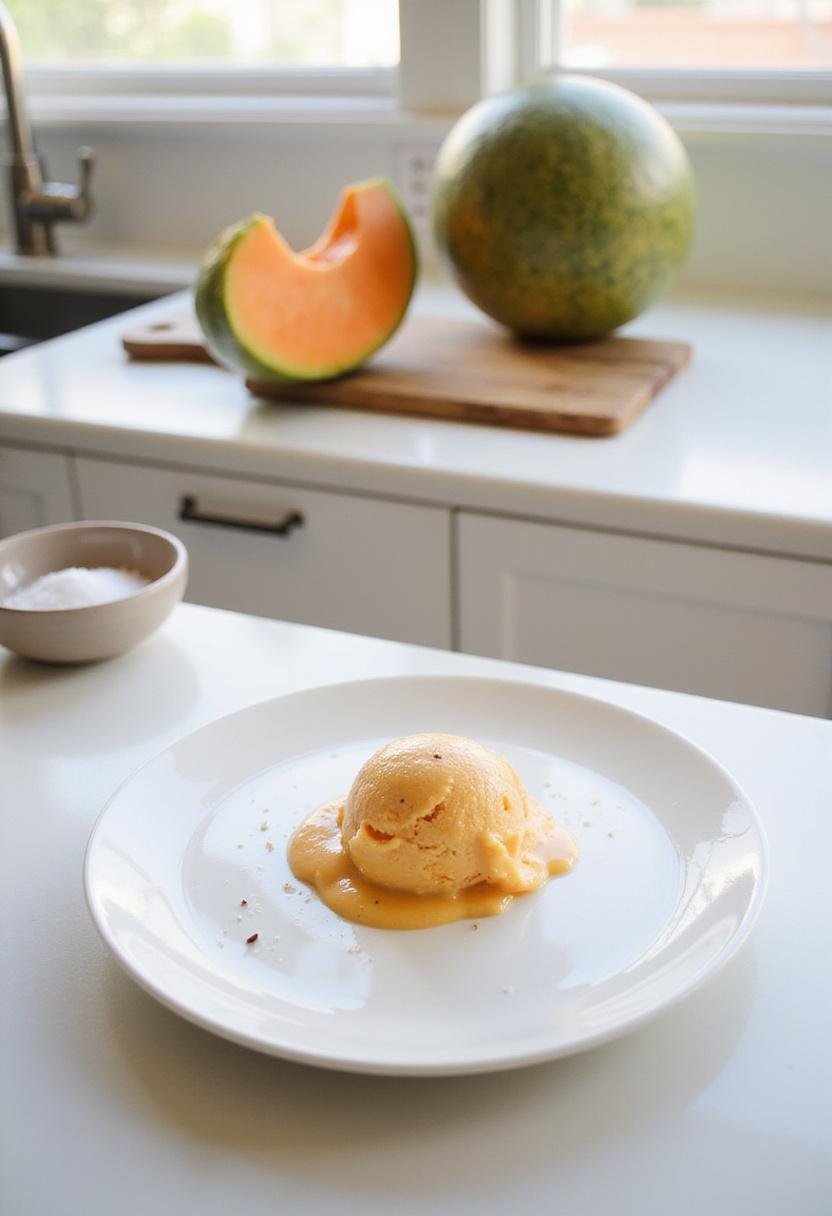 A realistic image of Cantaloupe Sea Salt Ice Cream served on a white plate in a contemporary kitchen, with fresh cantaloupe and sea salt nearby, brightly lit by natural light.