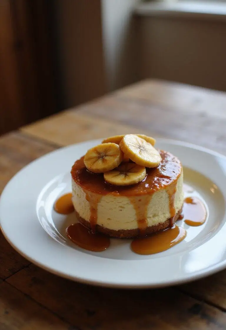 A caramelized banana cheesecake with rum glaze served on a white plate, featuring caramelized bananas and drizzle, displayed on a wooden table in a cozy home setting with warm lighting.