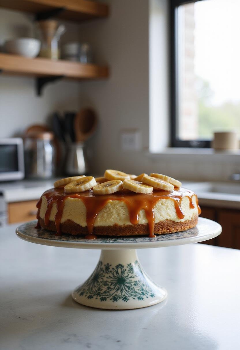 A caramelized banana cheesecake with rum glaze on a cake stand inside a bright kitchen, showing kitchen shelves and sunlight, with the dessert beautifully decorated on top.