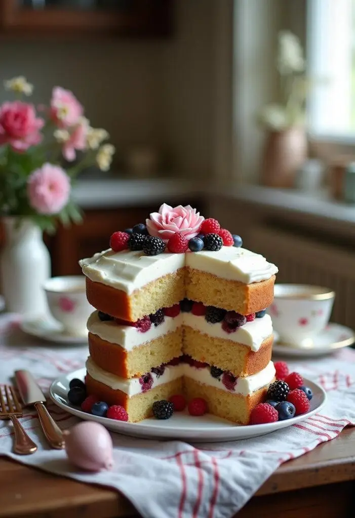 A decorated 'Catch a Husband Cake' with layers and frosting, placed on a cozy home kitchen table with teacup, flowers, and checkered cloth for a warm, inviting setting.