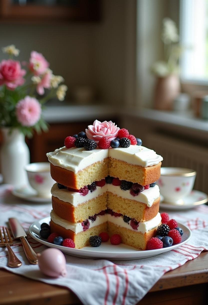 A decorated 'Catch a Husband Cake' with layers and frosting, placed on a cozy home kitchen table with teacup, flowers, and checkered cloth for a warm, inviting setting.