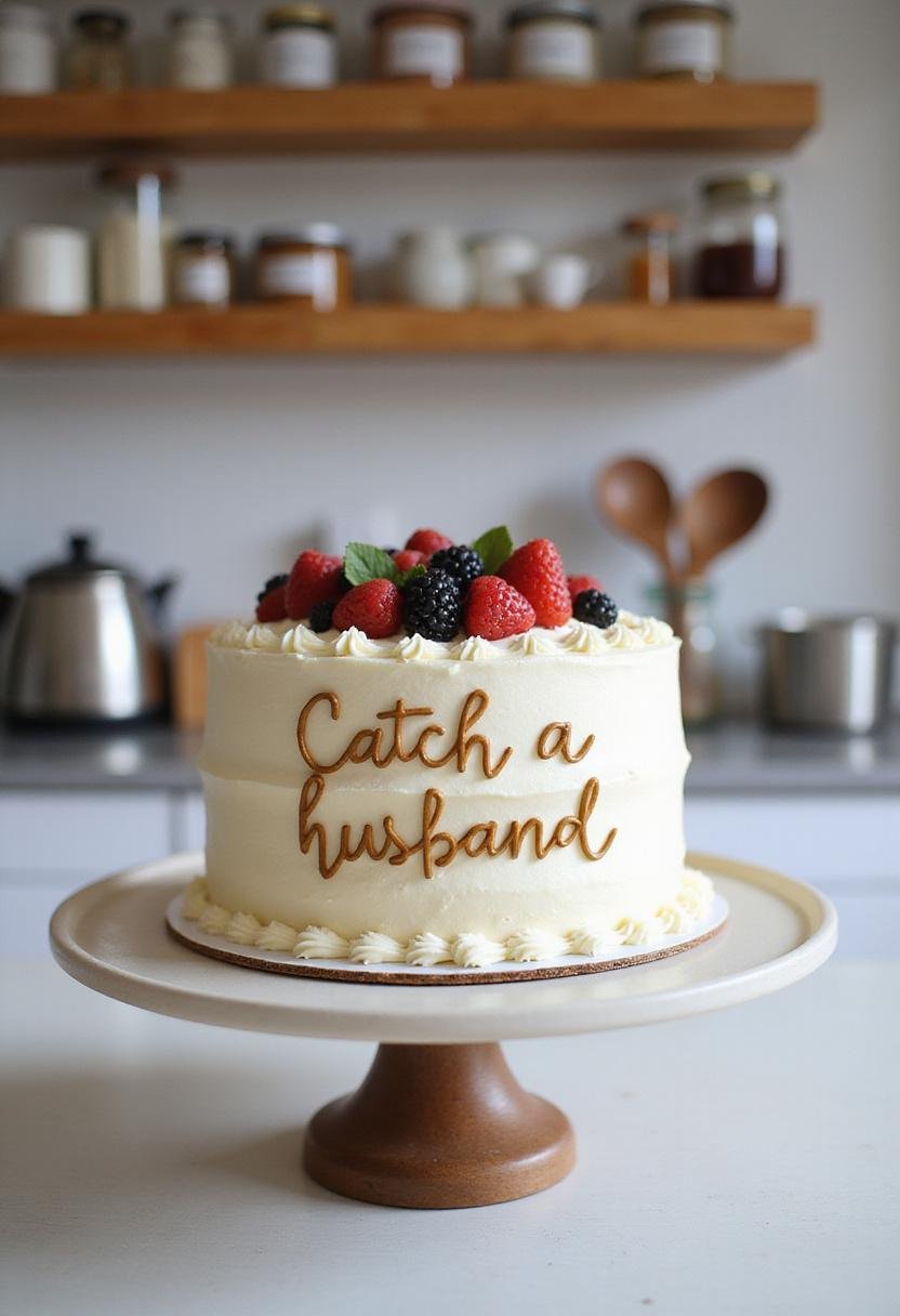 A finished 'Catch a Husband Cake' with frosting and berries placed on a plate in a bright kitchen, with shelves of jars and utensils in the background for a cozy, home-style look.