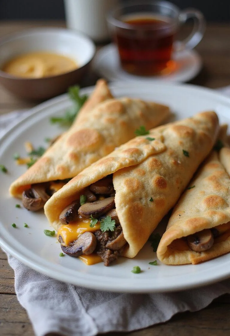 Cheesy beef and mushroom pita pockets on a plate in a cozy home kitchen setting, showing the crispy pita with melted cheese and savory filling, arranged on a kitchen table with a warm, inviting atmosphere.