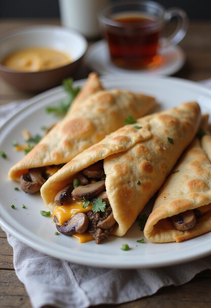 Cheesy beef and mushroom pita pockets on a plate in a cozy home kitchen setting, showing the crispy pita with melted cheese and savory filling, arranged on a kitchen table with a warm, inviting atmosphere.