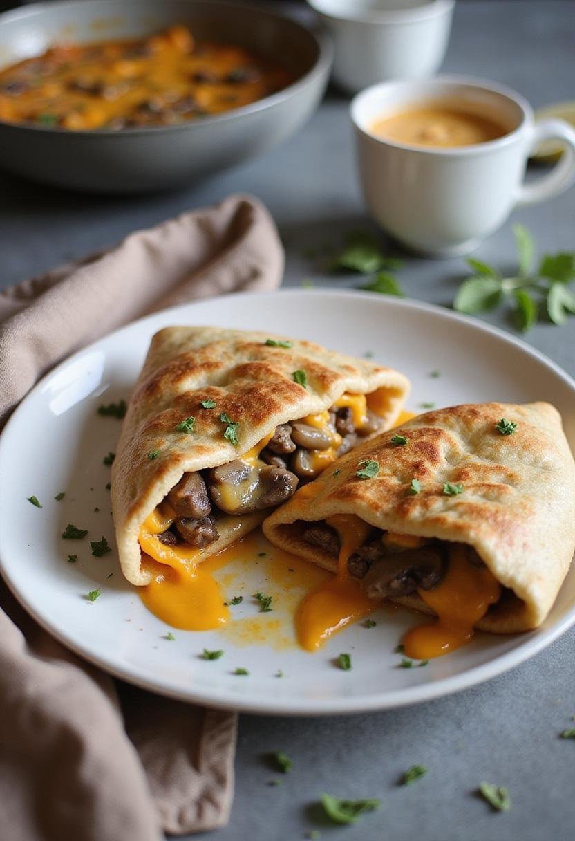 Plated cheesy beef and mushroom pita pockets in a cozy home dining scene, highlighting the filled pita pockets with melted cheese and savory ingredients, arranged on a plate with soft lighting for an inviting atmosphere.