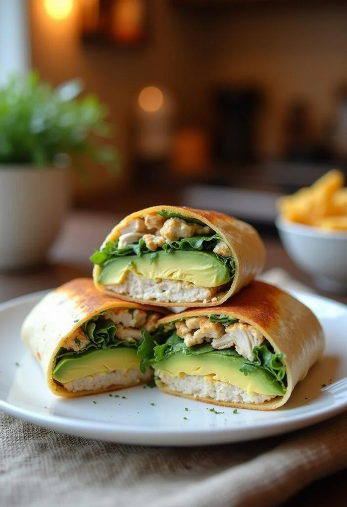 Close-up of Chicken Avocado Ranch Burritos neatly plated on a cozy home dining table, showing the fresh fillings and creamy toppings in a warm, inviting kitchen setting.