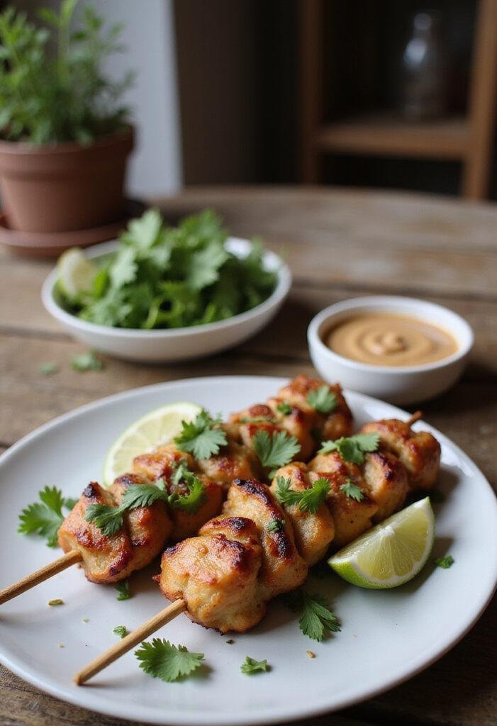 Realistic image of Chicken Satay with Thai Peanut Sauce on a white plate, served in a cozy home kitchen. The dish features grilled chicken skewers with a side of creamy peanut sauce, garnished with herbs and lime, under warm natural lighting in a homely environment.