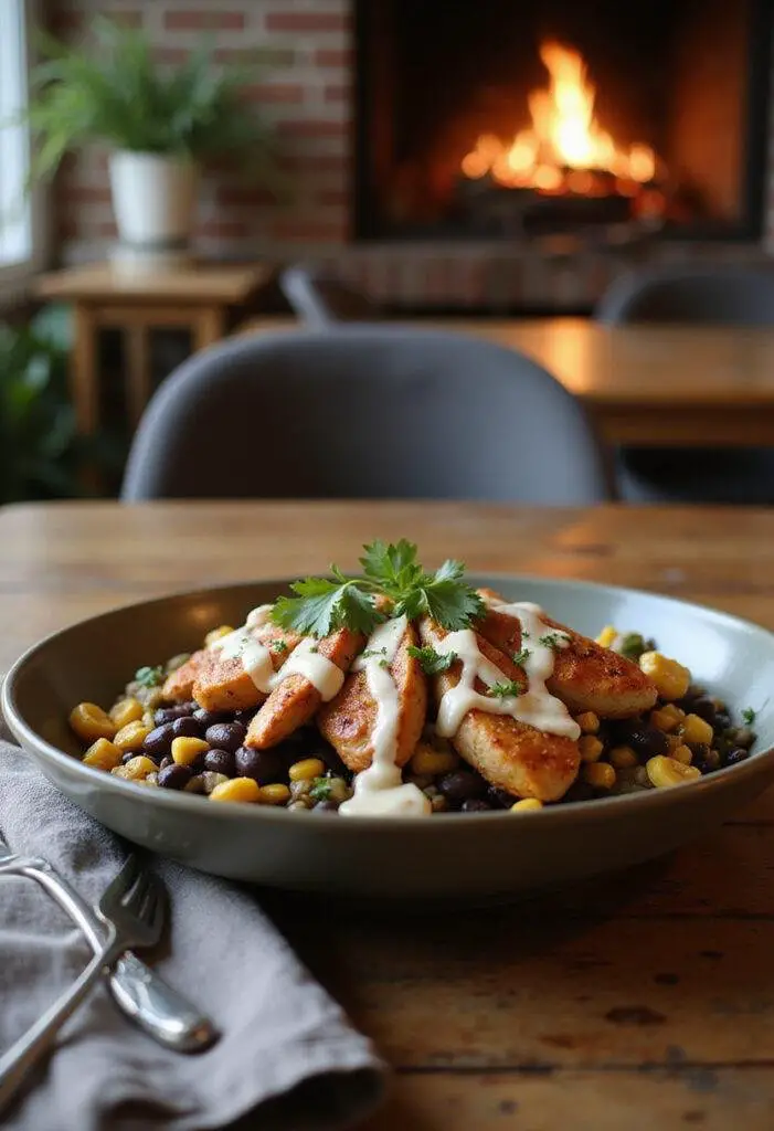 Close-up of a delicious Chipotle Chicken Bowl with black beans, corn, and creamy sauce, served in a cozy home kitchen setting. The bowl features seasoned grilled chicken, fresh herbs, and vibrant ingredients, presented on a wooden table with warm lighting.
