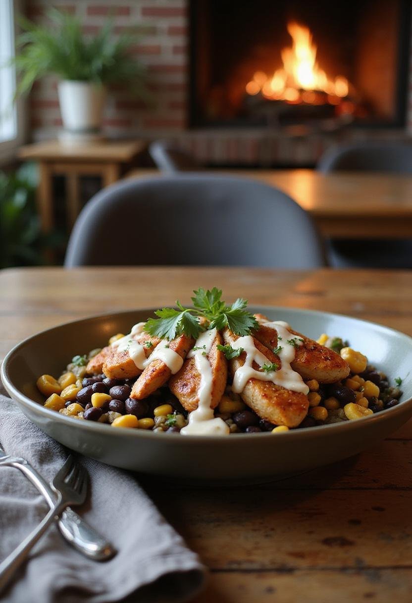 Close-up of a delicious Chipotle Chicken Bowl with black beans, corn, and creamy sauce, served in a cozy home kitchen setting. The bowl features seasoned grilled chicken, fresh herbs, and vibrant ingredients, presented on a wooden table with warm lighting.