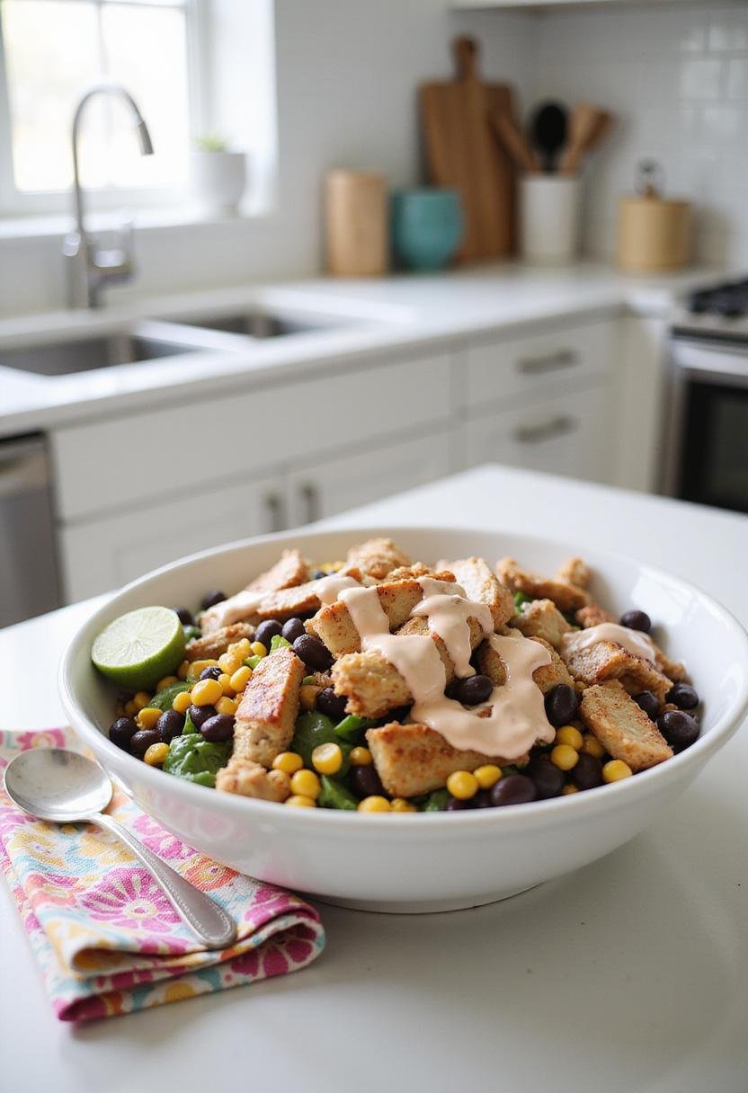Image of a Chipotle Chicken Bowl with black beans, corn, and creamy sauce, displayed in a contemporary kitchen on a clean countertop. The bowl contains well-seasoned grilled chicken slices, fresh corn, and beans, styled simply for a realistic food presentation.