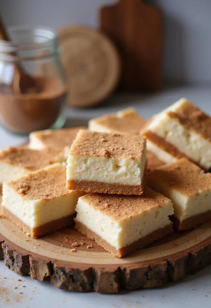 Cinnamon churro cheesecake bars topped with cinnamon sugar on a wooden platter, displayed in a warm home kitchen setting with baking utensils and a cinnamon jar nearby.