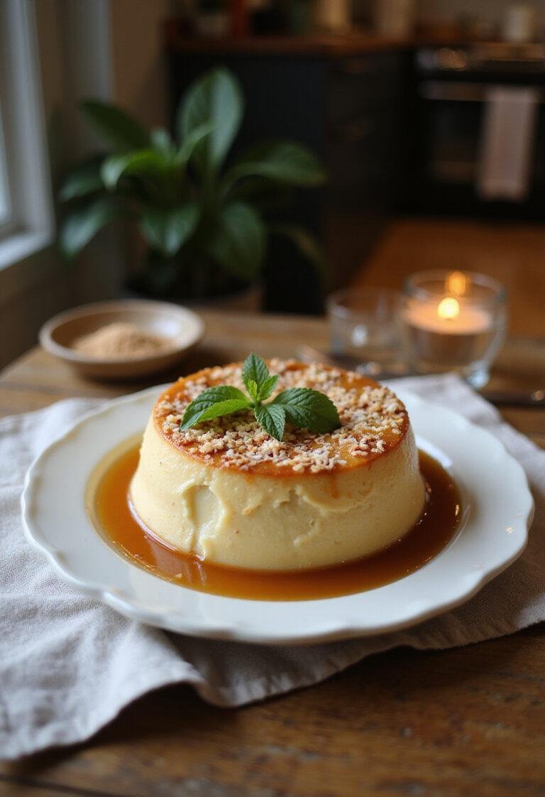 A Coconut Caramel Flan on a plate with caramel topping and toasted coconut, presented in a cozy home setting on a wooden table with soft lighting and a mint garnish.