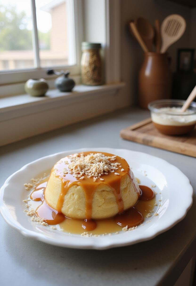 A Coconut Caramel Flan on a plate with caramel and toasted coconut, styled in a kitchen setting with natural light and kitchen tools in the background.