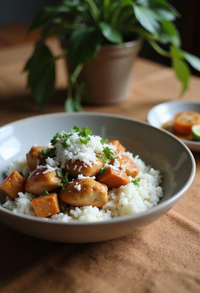 A close-up of a Coconut Chicken Rice Bowl presented on a cozy home dining table, featuring cooked chicken, white rice, shredded coconut, and fresh herbs, with soft natural lighting and a warm, inviting home setting.