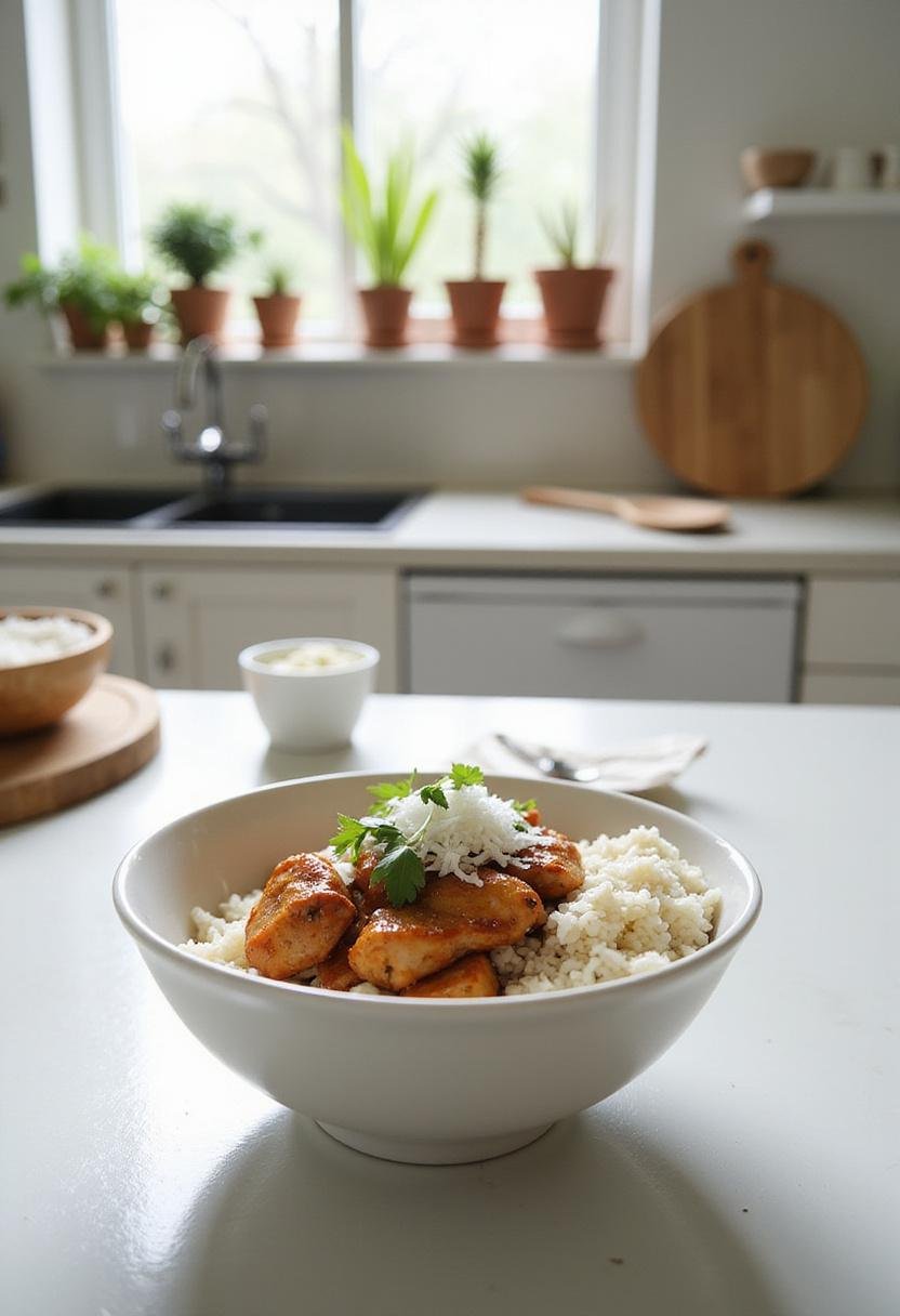 A close-up of a Coconut Chicken Rice Bowl displayed on a kitchen countertop, showing cooked chicken, rice, shredded coconut, and herbs, with kitchen tools and natural daylight creating a bright, modern kitchen scene.