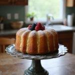 Realistic image of a Cream Cheese Pound Cake on a cake stand in a cozy home setting, with a golden crust, garnished with berries and powdered sugar, illuminated by natural light from a nearby window.